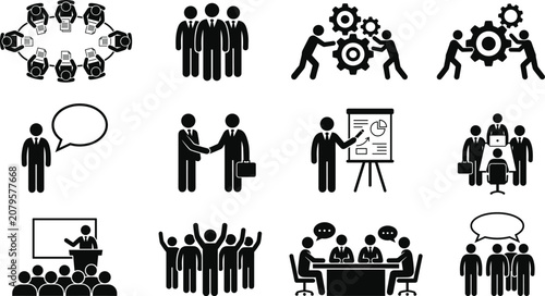 Business teamwork and corporate management icon set featuring presentation strategy partnership and office meeting symbols