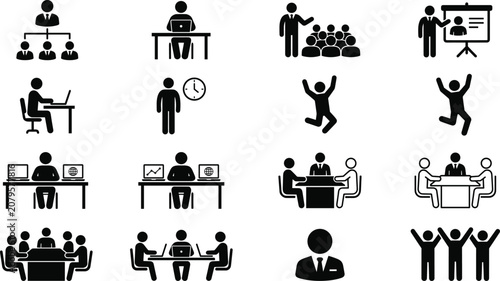 Corporate business management and office workflow vector icon set featuring teamwork presentation and human resources symbols