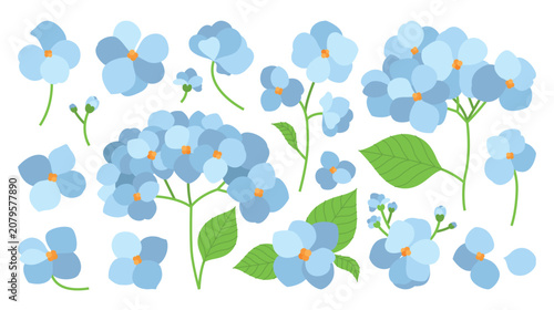 Cartoon set of illustrations of hydrangea flowers in blue shades in various positions. Different parts of the plant, bud, bud, inflorescence, stem, leaf, petal and bouquet. Vector flower elements.