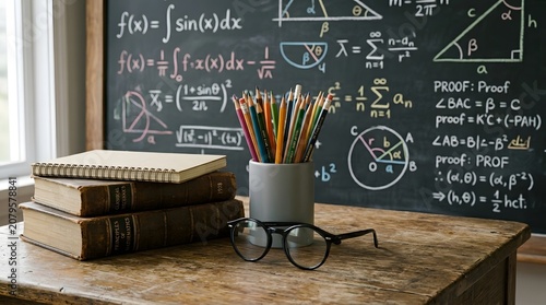 Teacher day appreciation books glasses and blackboard with equations