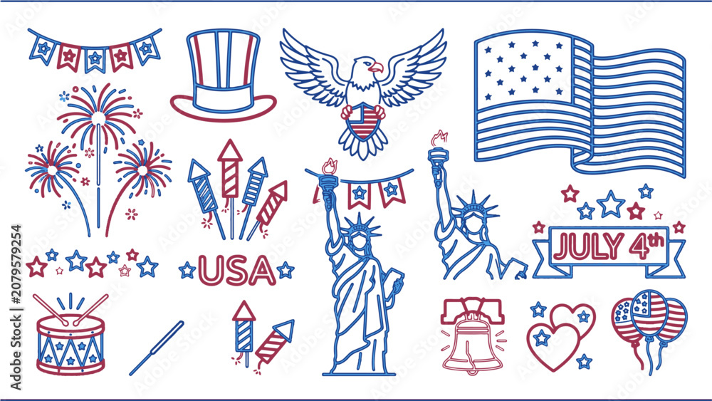 Fototapeta premium USA Independence Day patriotic icons set in neon line style including eagle, flag, and fireworks ideal for Fourth of July marketing and holiday web banners