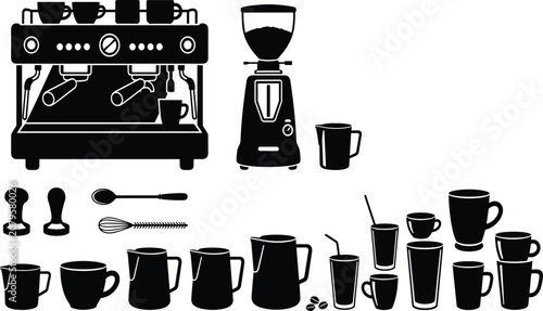 Tableau sur toile Professional espresso machine silhouette icon set, coffee grinder mug pitcher ta