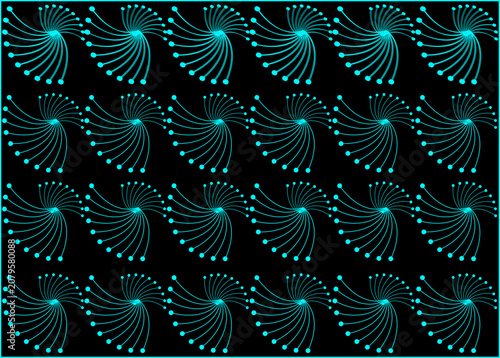 Abstract cyan floral fan patterns on dark background.