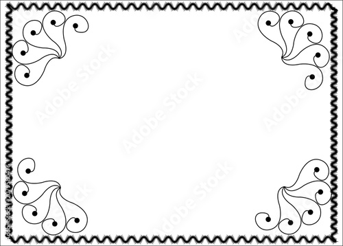 Decorative floral corner ornaments with zig zag border frame.