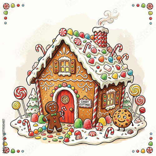 Colorful gingerbread house with candy and gingerbread man