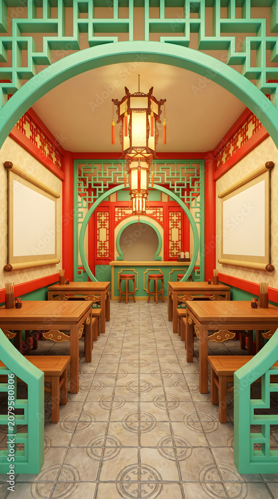 Obraz premium Traditional Chinese restaurant interior with decorative archways wooden furniture and ornate lanterns