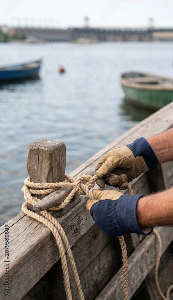 Fototapeta premium Gloved hands tying rope knot on wooden dock by the water