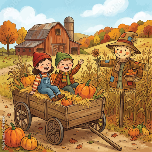 Kids in wagon with pumpkins and scarecrow in autumn field