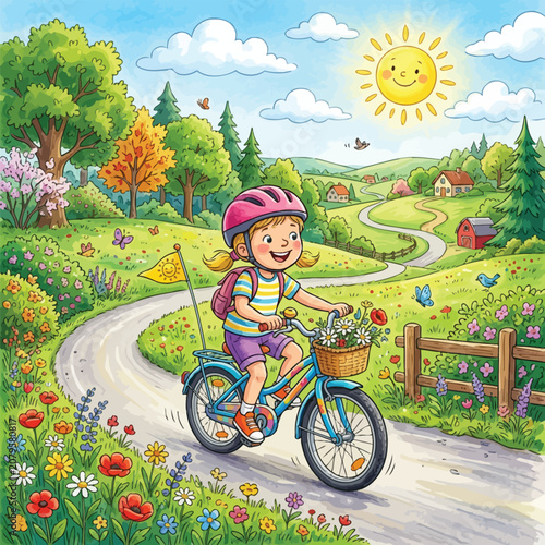 Happy girl riding bicycle on winding road through sunny countryside landscape