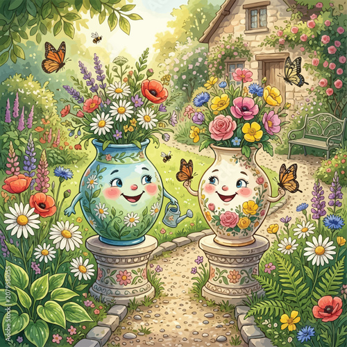 Smiling Flower Vases with Faces in Whimsical Garden Setting Illustration