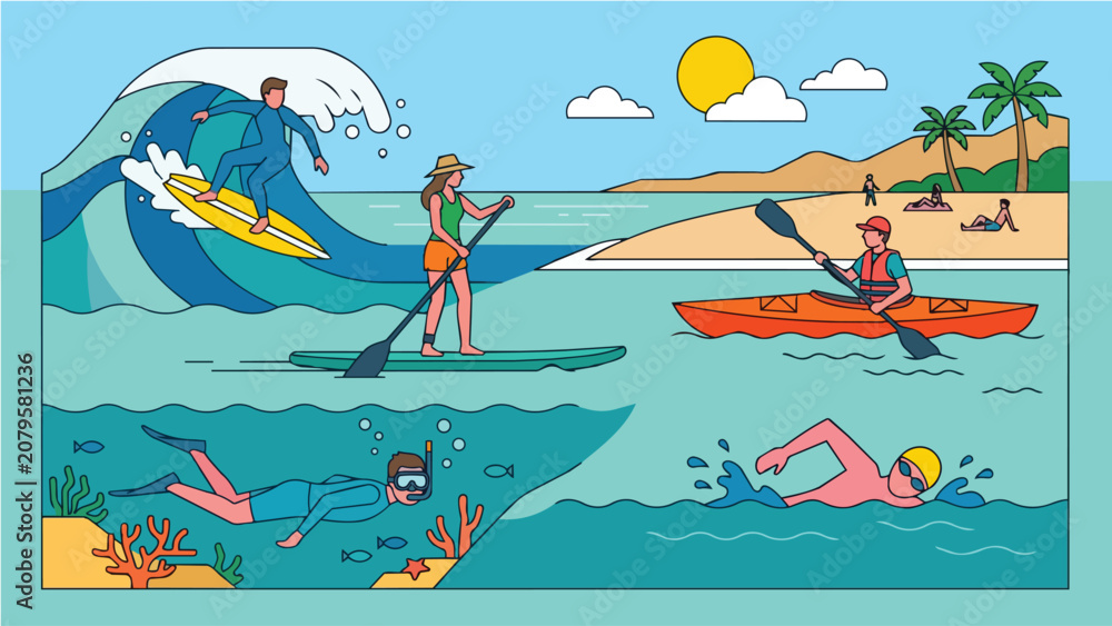 Fototapeta premium Active people enjoying various water sports and outdoor activities during summer beach vacation illustration