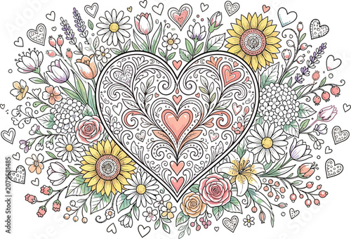 Heart Shaped Floral Pattern with Sunflowers and Leaves