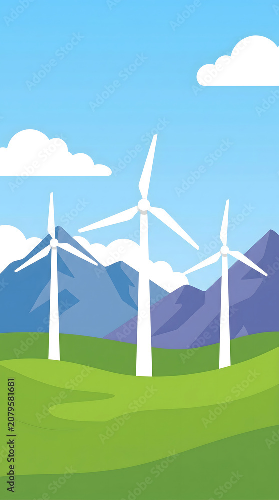 Fototapeta premium Three white wind turbines on green hills under blue sky with clouds