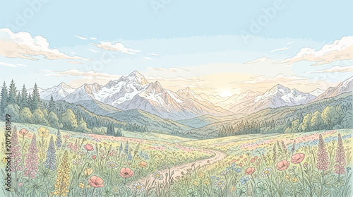 Sunset over mountain range with colorful flower field