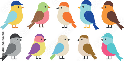 Cuadro en lienzo Set of sweet small birds in diverse bright colors isolated on white background i