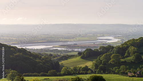 Obraz na płótnie Panorama of green landscape with the Severn River valley under a blue sky in Glo