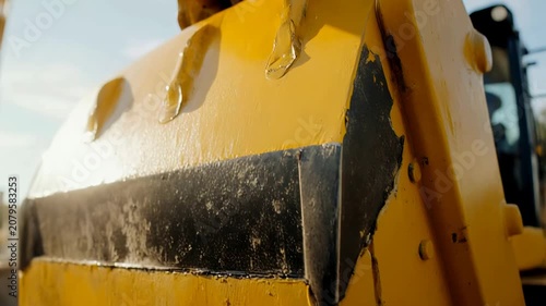 Close-up of worn yellow and black painted metal on heavy machinery. Detail of scratched construction equipment surface