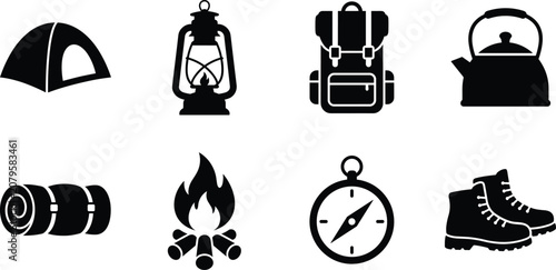 Camping and outdoor adventure equipment silhouette icons featuring tent, lantern, backpack, kettle, campfire, compass, and boots