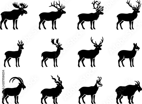 Canvas Print Collection of deer and antelope animal silhouette icons with silhouette antelope