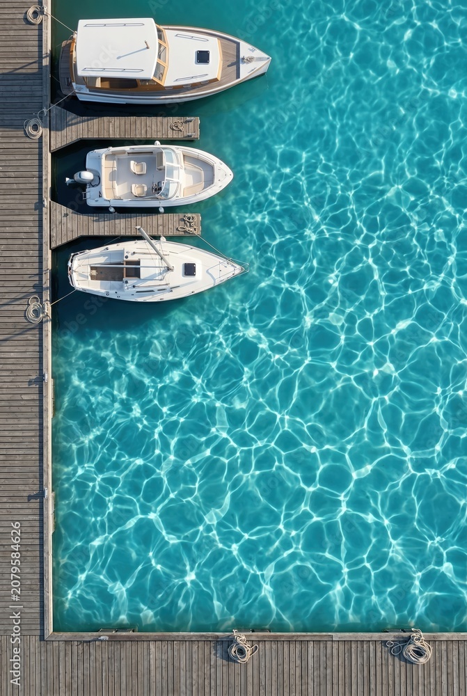 Fototapeta premium Marina dock corner with three boats moored in clear turquoise water top view