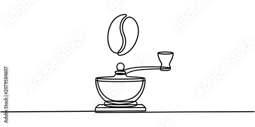 Foto Coffee Bean and Manual Coffee Grinder One Line Drawing Vector Illustration, Fres