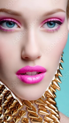 Close-up portrait of a woman with vibrant pink makeup and blue eyes. Modern avant-garde fashion and beauty concept with a gold spiked collar. Pop art inspired style