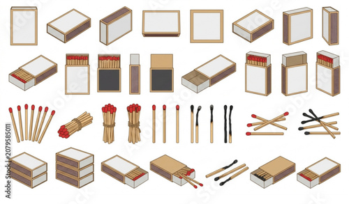 Blank Matchbox and Wooden Match Vector Collection Isolated on White Background