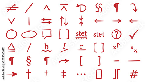 Red proofreading editing mark symbols icon set vector