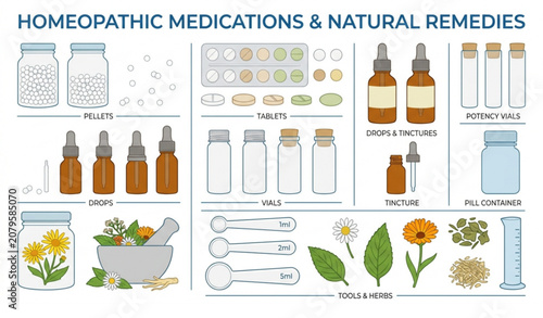 Cuadro en lienzo Homeopathic Medication Tablets and Pills Vector Set with Natural Remedy Bottles