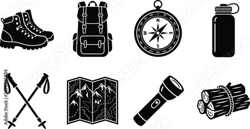 Outdoor hiking and camping equipment silhouette icons including boots, backpack, compass, map, flashlight, and trekking poles