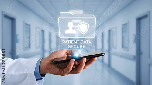 Medical Professional Holding Smartphone with Secure Patient Data Folder Hologram in Hospital