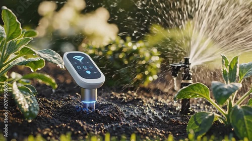 Smart garden sensor monitoring soil in a vegetable bed. Automated irrigation system spraying water on plants. IoT technology in modern agriculture