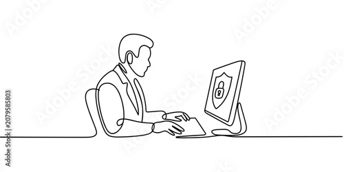 Cybersecurity Expert Monitoring Digital Security on Computer One Line Drawing Vector Illustration, Data Protection and Network Security Concept