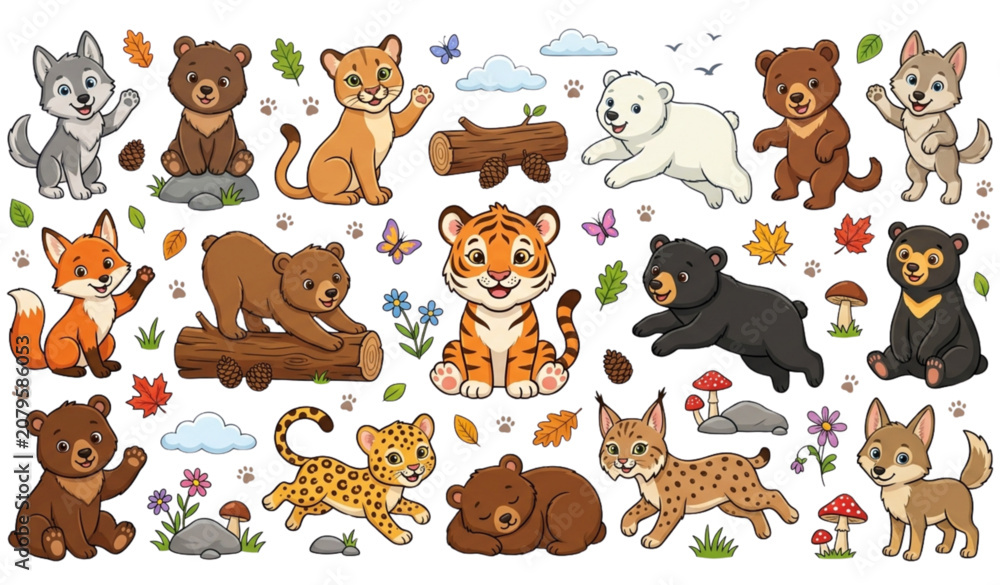 Obraz premium Colorful Cartoon Predator Wildlife Collection with Cute Tigers, Wolves, Pumas and Bears Vector Illustration