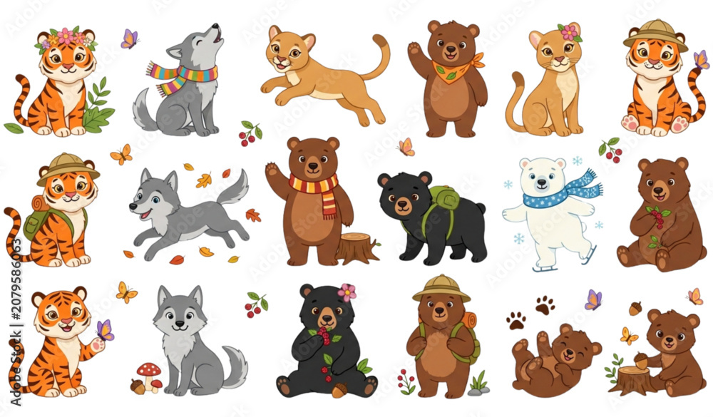 Obraz premium Cute Predator Animal Vector Set with Tiger, Wolf, Puma and Bear Cartoon Wildlife Clipart for Kids
