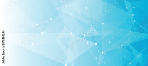 Light blue background with network connections and geometric triangles.