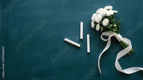 Teacher day appreciation white flowers and chalk on blackboard education concept