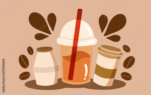 Flat Cartoon Takeaway Coffee Cups and Iced Drinks Illustration