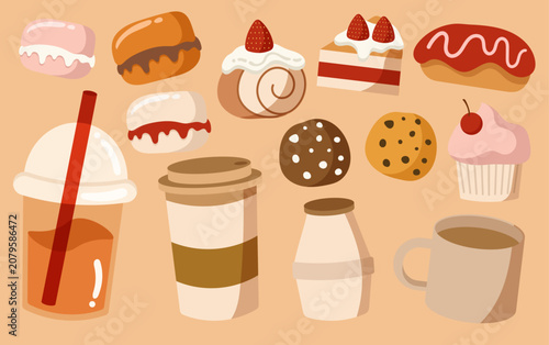 Sweet Bakery Desserts and Cafe Drinks Elements Collection Set