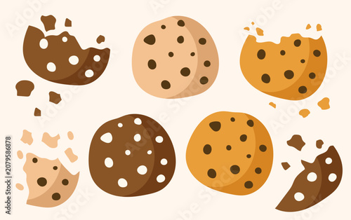 Sweet Chocolate Chip Cookies Whole and Bitten with Crumbs Set