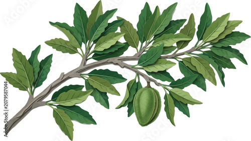 Fotografie Detailed botanical illustration of a green plant branch with numerous leaves and