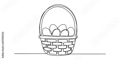 Fotografie A simple continuous line drawing of a woven basket filled with fresh chicken egg