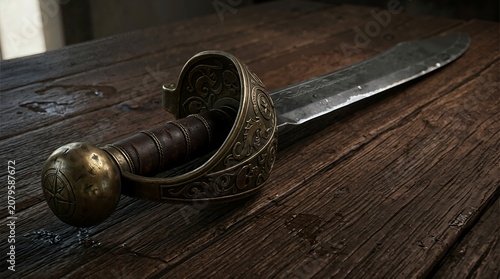 Close up of a pirate cutlass sword on a wet wooden table. Ornate brass basket hilt with skull carvings and steel blade