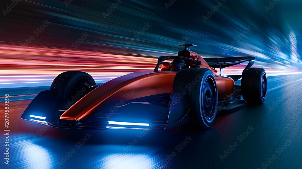 Naklejka premium Red formula racing car speeding on futuristic track