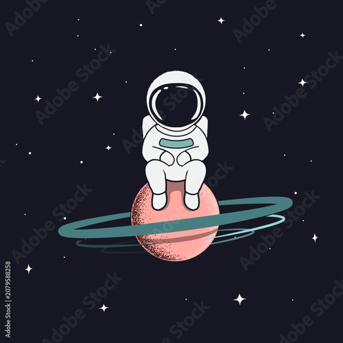 Astronaut sitting on a planet with a ring space background illustration