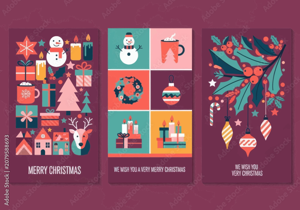 Fototapeta premium Set of three christmas greeting card designs with festive icons