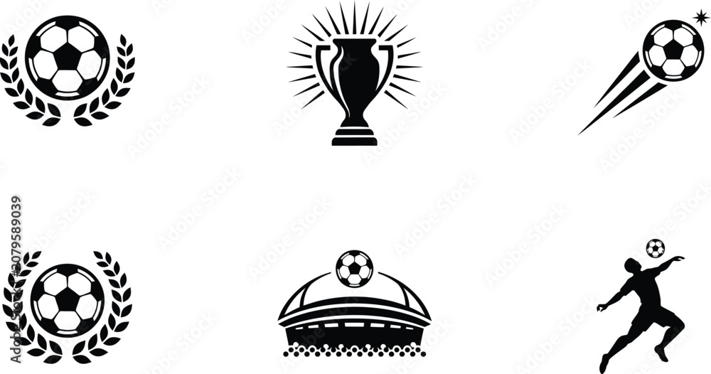Fototapeta premium Black soccer icons set with trophy and player silhouette