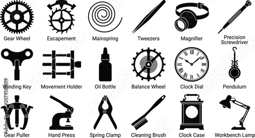 Quadro su tela Watchmaker Tools and Clock Repair Equipment Silhouette Vector Icon Set Collectio