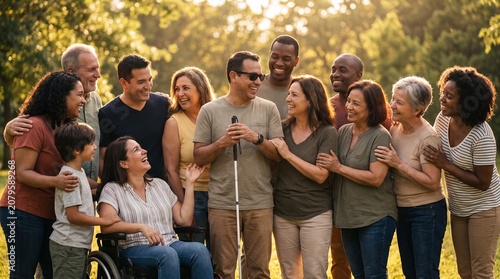 A diverse, multi-generational group of happy friends and family laughing together in a sunlit park, featuring inclusivity with a man using a cane and a wheelchair.