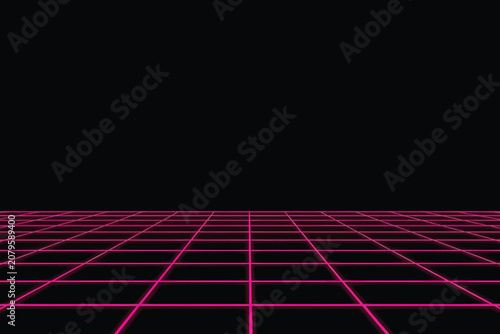 Retro synthwave 3d wireframe perspective grid with neon pink lines.